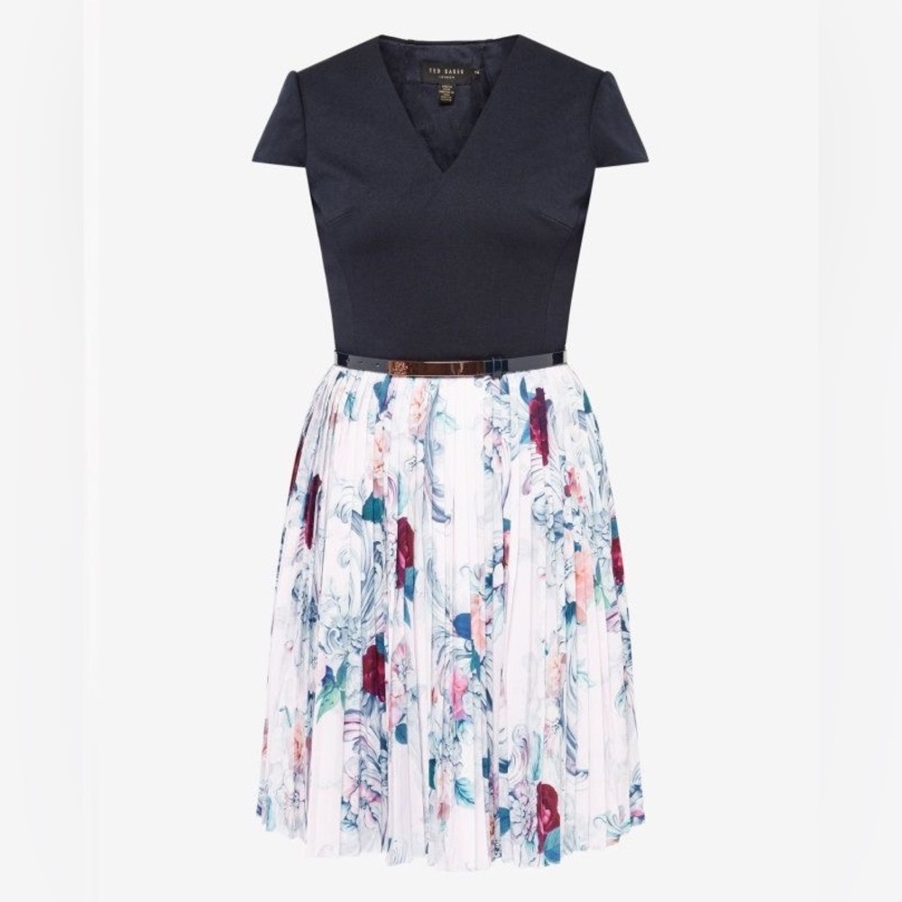 Ted Baker pleated dress, top is navy blue, Size 5